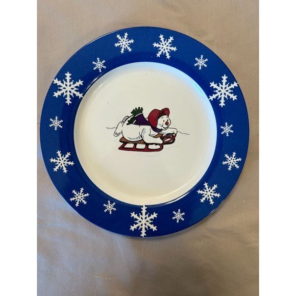 Frosty Snowman Skating‎ Sledding Blue Snowflake Dinner Dessert Plates - Set of 4 - Picture 3 of 6
